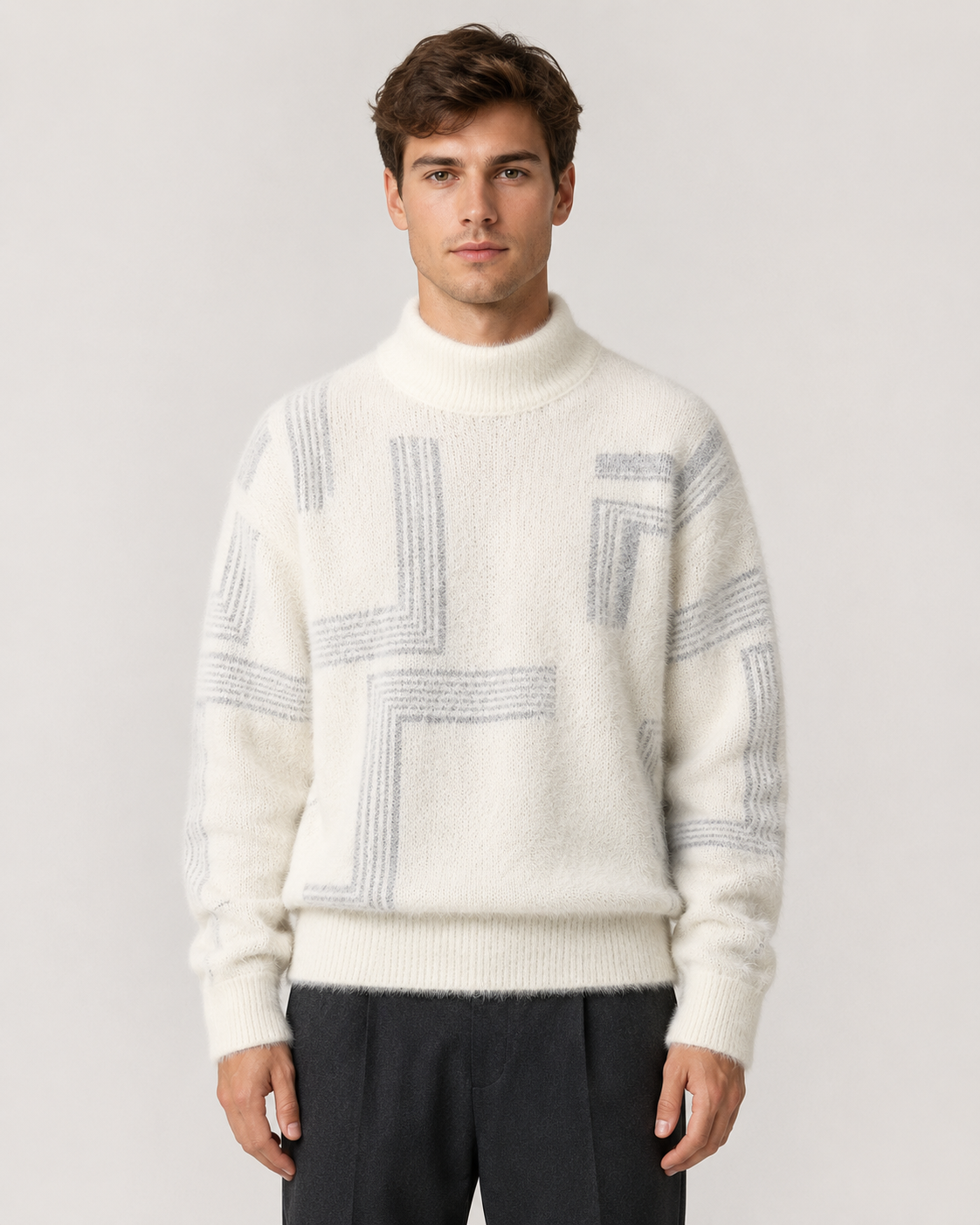 Men's Geometric Fluffy Knit Funnel Neck Sweater