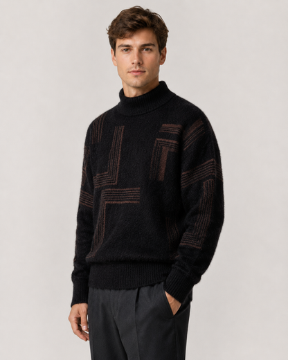 Men's Geometric Fluffy Knit Funnel Neck Sweater