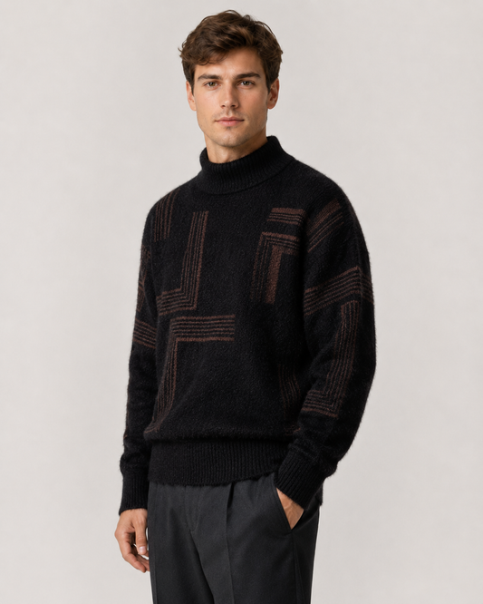 Men's Geometric Fluffy Knit Funnel Neck Sweater