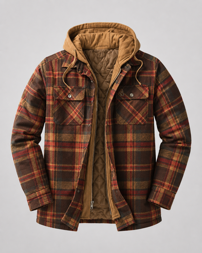Men's Hooded Plaid Shacket Quilted Lined Zip Front