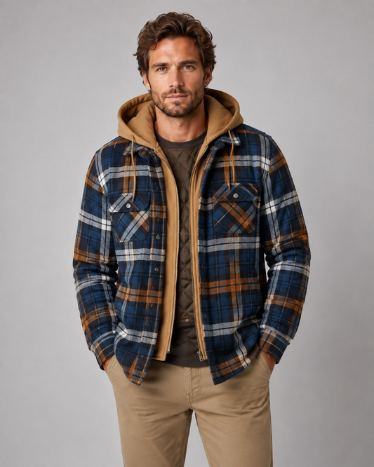 Men's Hooded Plaid Shacket Quilted Lined Zip Front