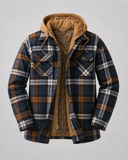 Men's Hooded Plaid Shacket Quilted Lined Zip Front