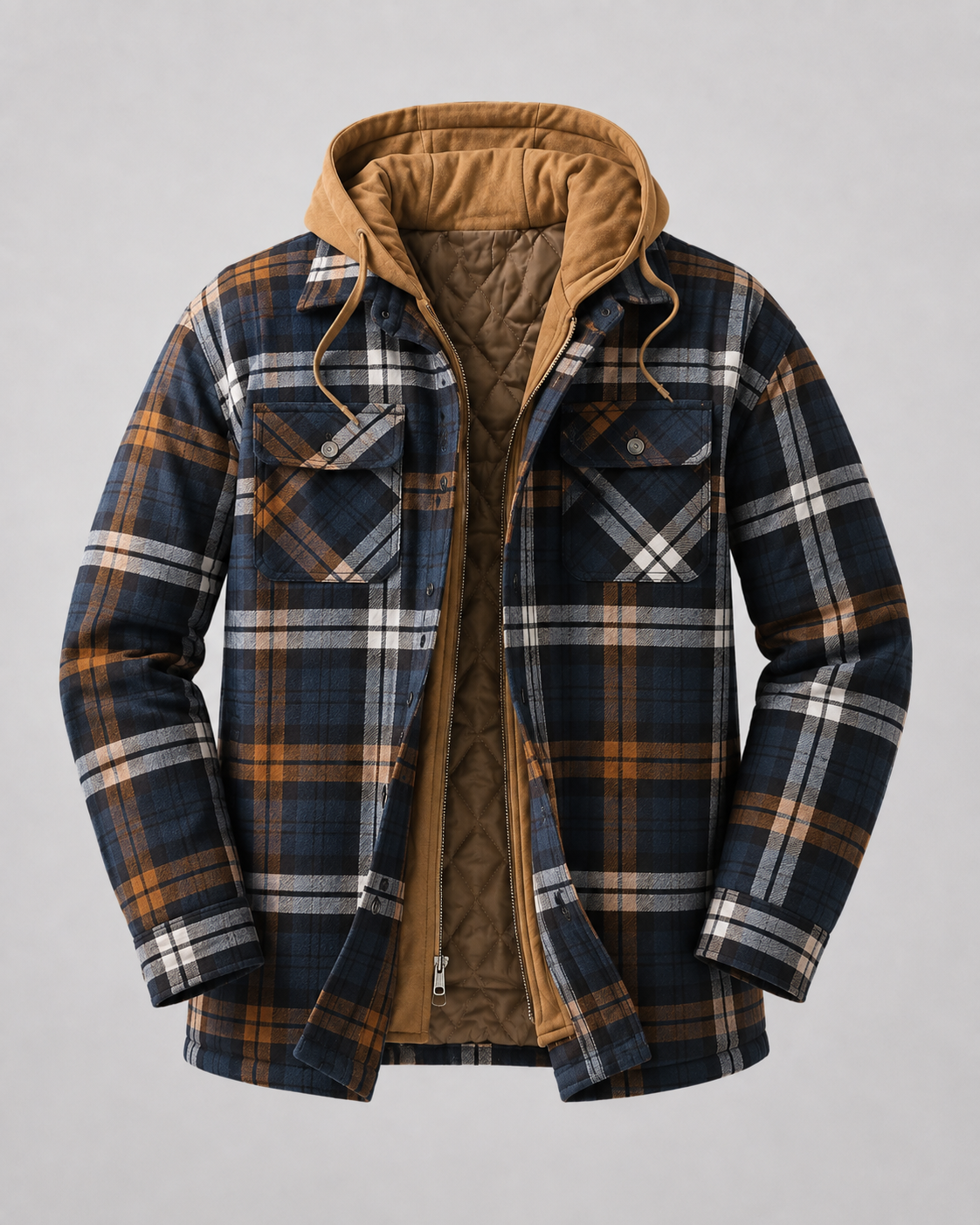 Men's Hooded Plaid Shacket Quilted Lined Zip Front