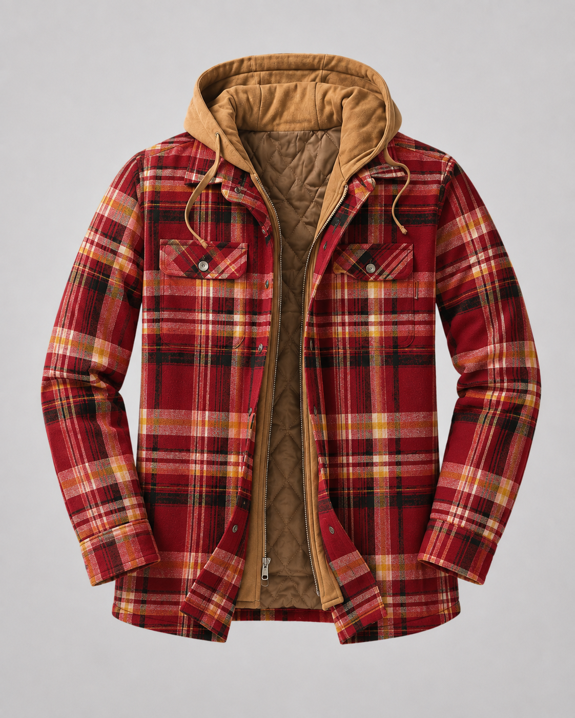 Men's Hooded Plaid Shacket Quilted Lined Zip Front