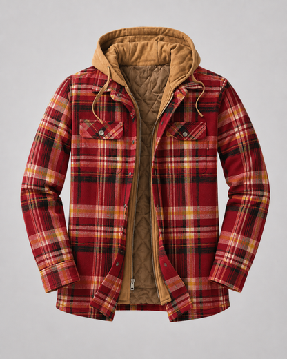 Men's Hooded Plaid Shacket Quilted Lined Zip Front