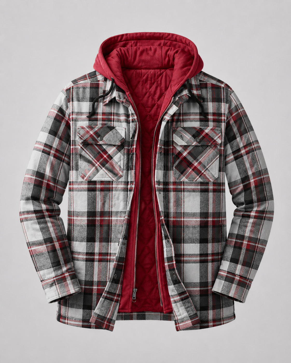 Men's Hooded Plaid Shacket Quilted Lined Zip Front