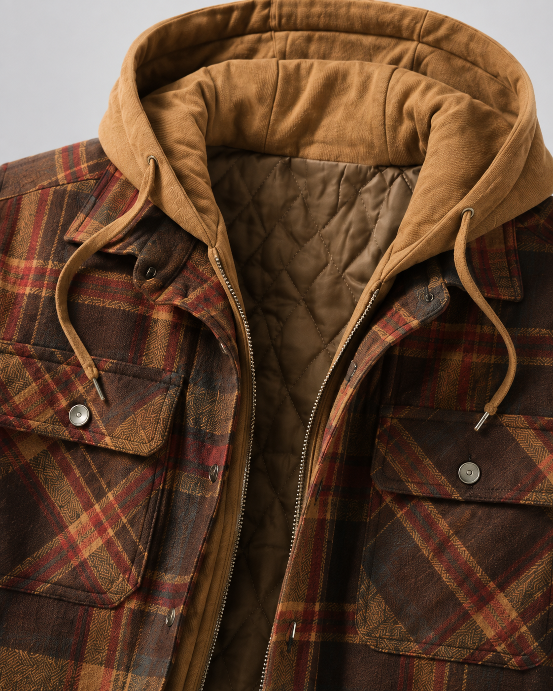 Men's Hooded Plaid Shacket Quilted Lined Zip Front