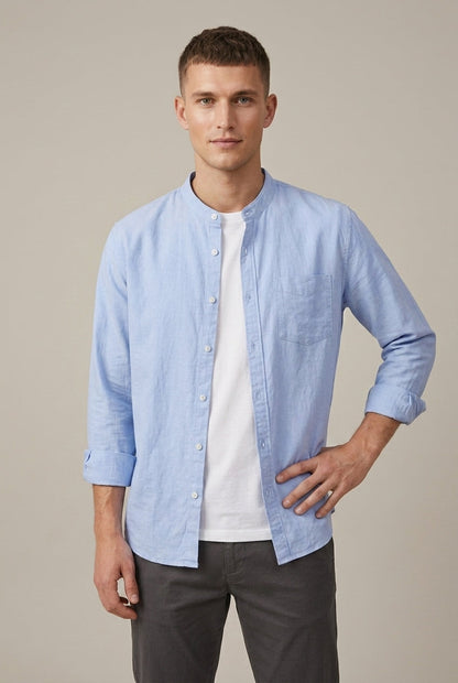 Men's Linen Blend Band Collar Long Sleeve Shirt