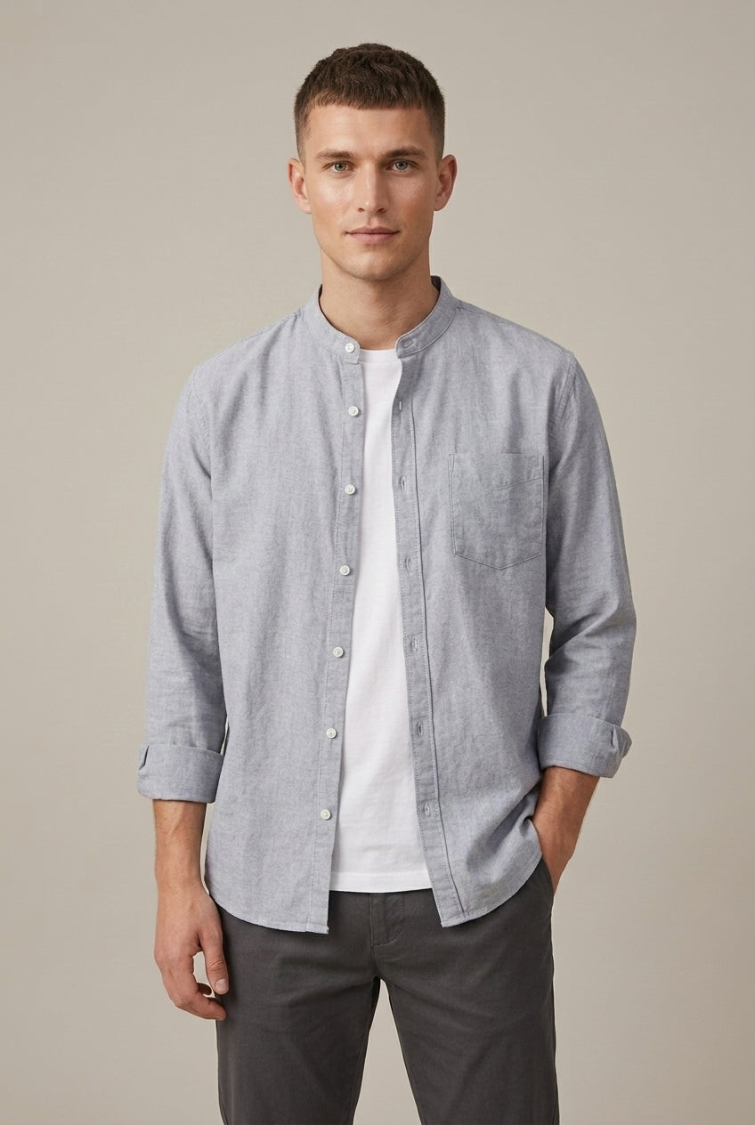Men's Linen Blend Band Collar Long Sleeve Shirt