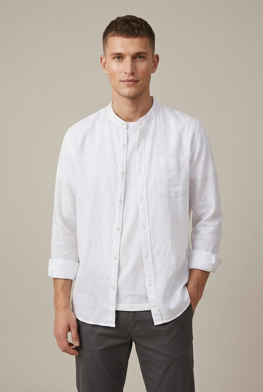 Men's Linen Blend Band Collar Long Sleeve Shirt