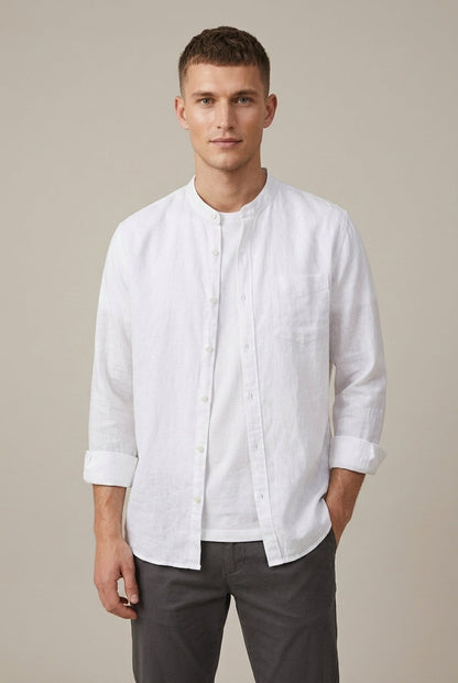 Men's Linen Blend Band Collar Long Sleeve Shirt